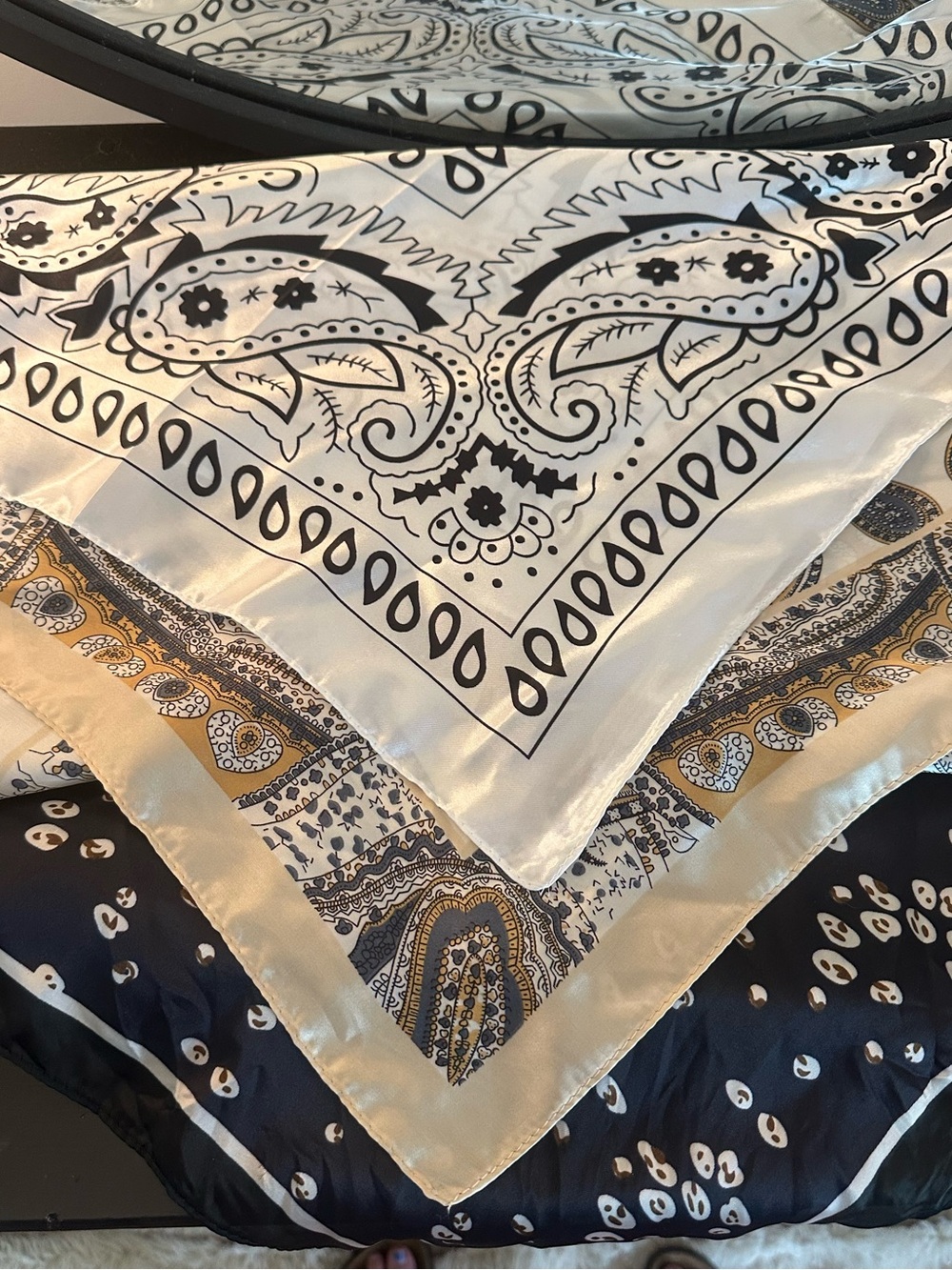 Silky Paisley Bandana Scarf - Black, White & Gold